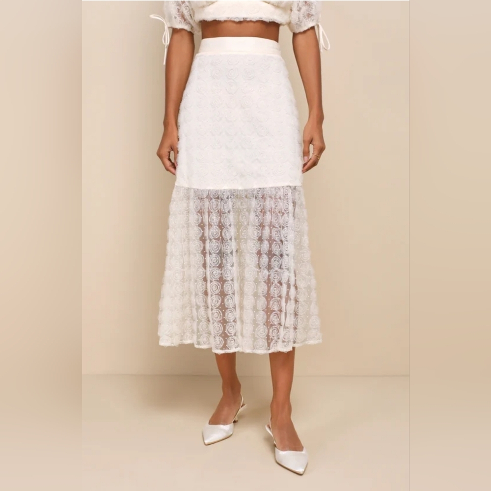 Lulus Ideal Adoration Tulle Swiss Dot Rosette Midi Skirt in Cream - Picture 2 of 6